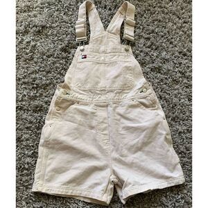 Tommy Hilfiger Y2K vtg 90’s off white LOGO Overalls Bibs Jean Shorts sz S